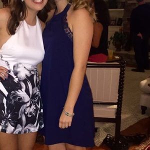 Navy backless dress with lace trim